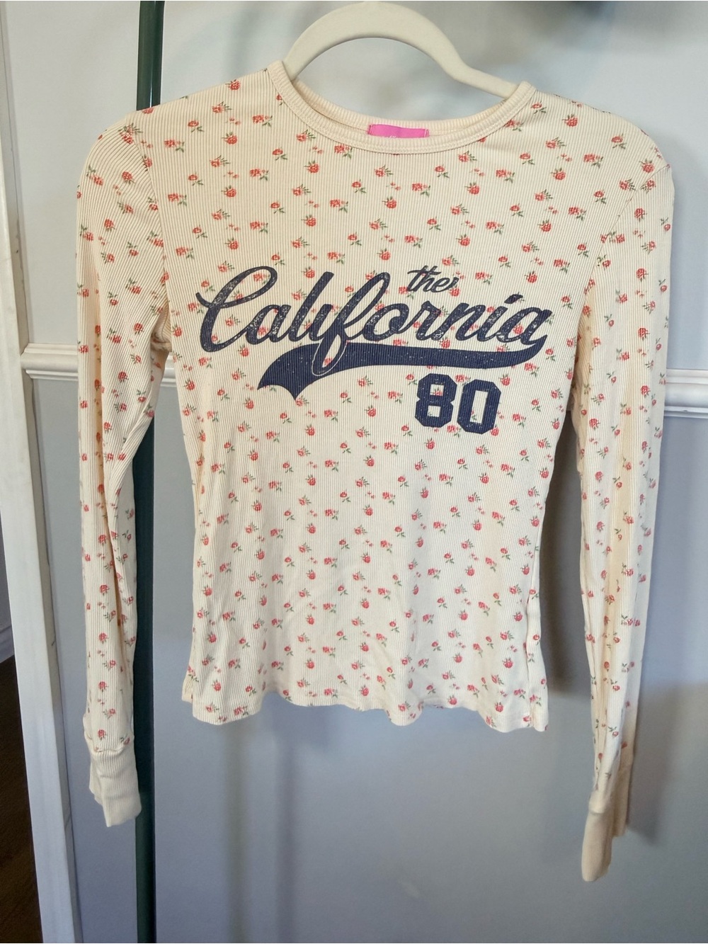 Edikted Cream Long Sleeve Top with Pink Floral and Navy 'California 80' Graphic